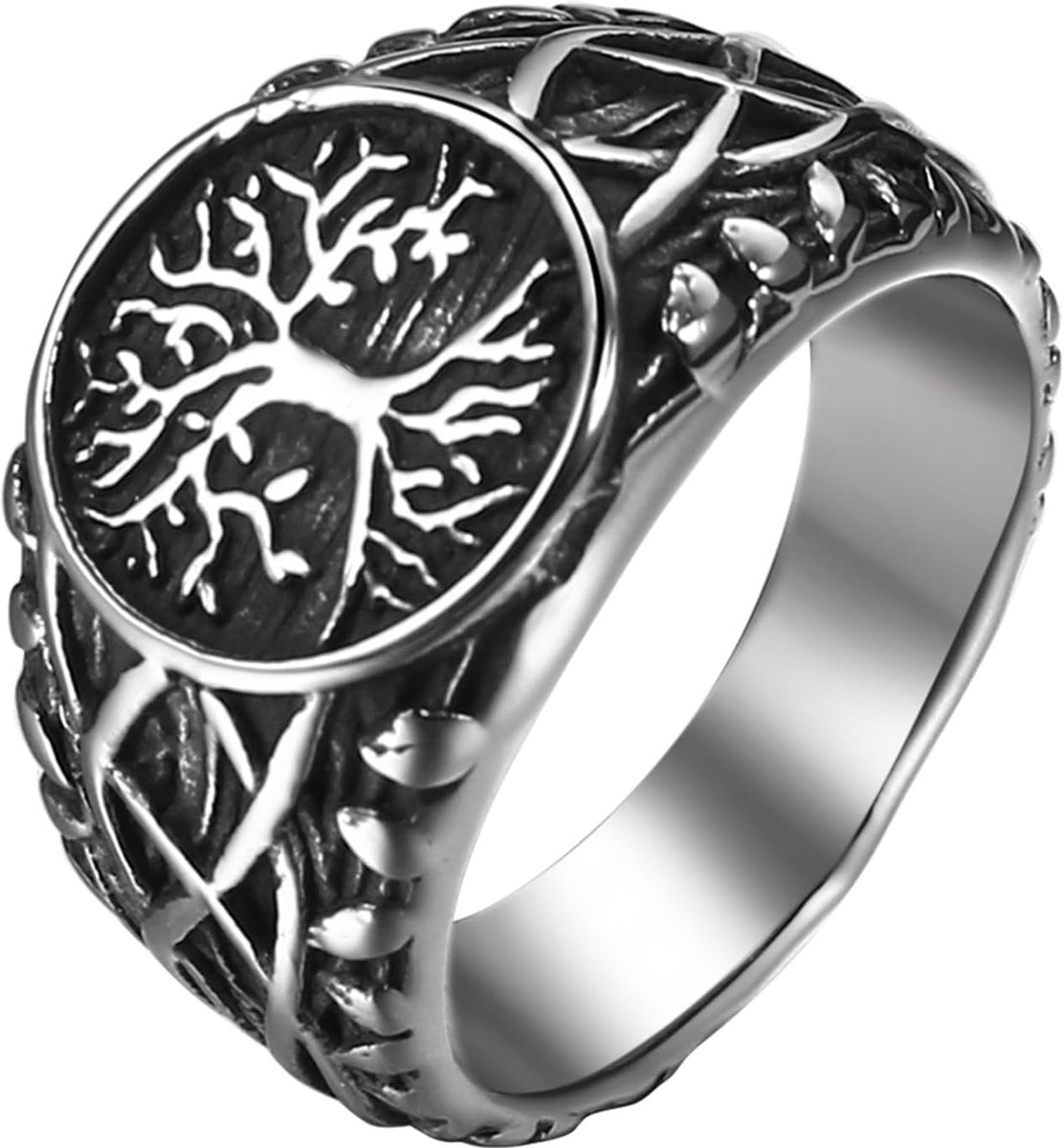 Levensboom Ring Heren Zegelring: Viking Roestvrij Staal Herenring Boom van het Leven Keltische Knoop Ronde Zegelringen Vintage Vingerring Bandring Band Nordic Sieraden voor Mannen Maat 65