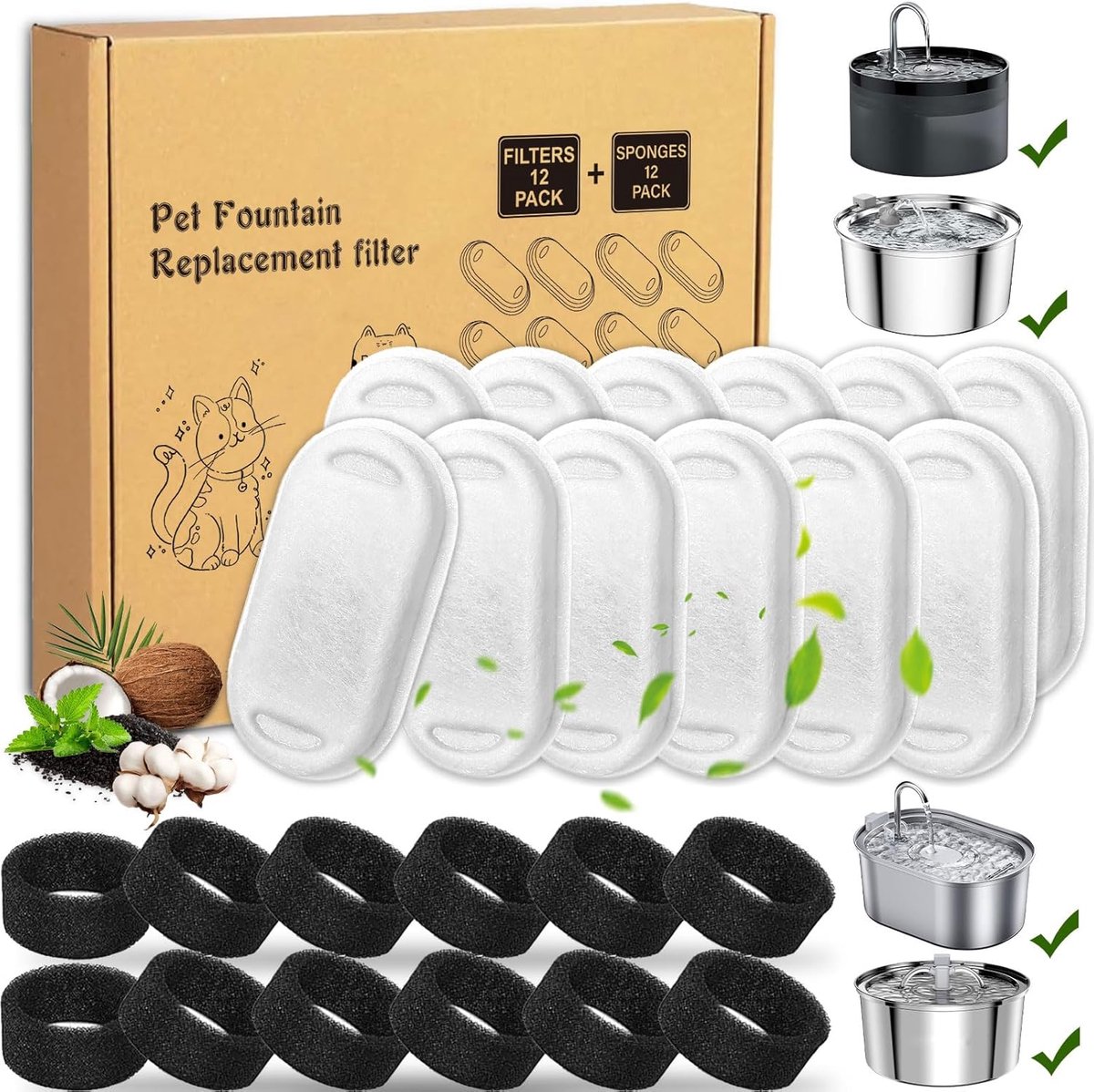 12+12 stuks filters voor 2/3, 3/4 l roestvrijstalen drinkfontein, met koolfilter en schuimfilter
