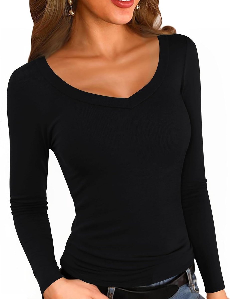 Dames shirt met lange mouwen V-hals fleece thermisch zwart L | winter, trui, warm, thermisch ondergoed, slim fit, onderhemd, basic, bovenstuk, geribbeld