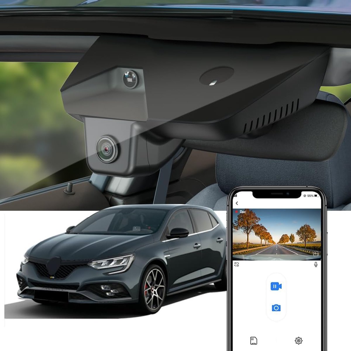 SnelShoppen - Dashcam 4K Voor Renault Megane RS 2021 2022 2023, OEM Look, 2160P UHD Video, WiFi, Loop Recording, G-Sensor, WDR, Plug & Play, 64GB Kaar
