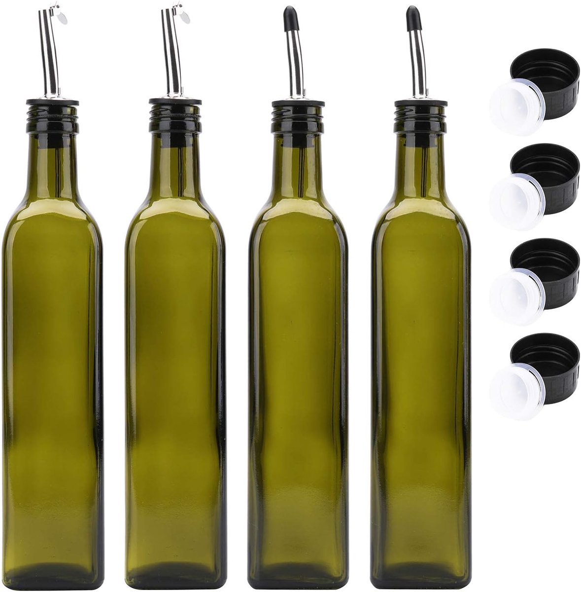 Flessenschenker voor olijfolie, 4 stuks, glazen druppelaar, azijn, flesdispenser met roestvrijstalen schenktuit en doppen voor keukensaus - donkergroen, 500 ml