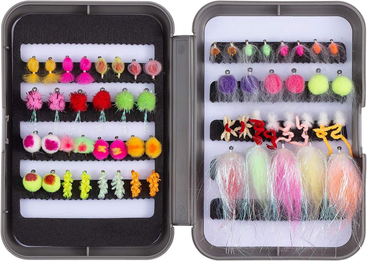 Vliegenvissen vliegen set forelbaarsvissen met vliegenbox, 36/64/72/76/80/96 stuks. Met droogvliegen/natte vliegen, nimfen, streamers, popper