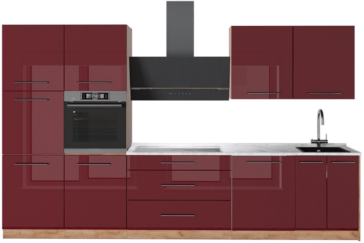 Vicco Complete keukeneenheid Fame-Line, Bordeauxrode hoogglans/Goudkleurig Eiken, 340 cm, WB Marmer