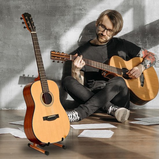 Gitaarstandaard van echt hout, akoestische gitaren, elektrische gitaren, bas, cello, banjo, mandoline, ukelele - ideaal voor muzikanten, studio en thuis (donkere houtnerf) — afbeelding 4