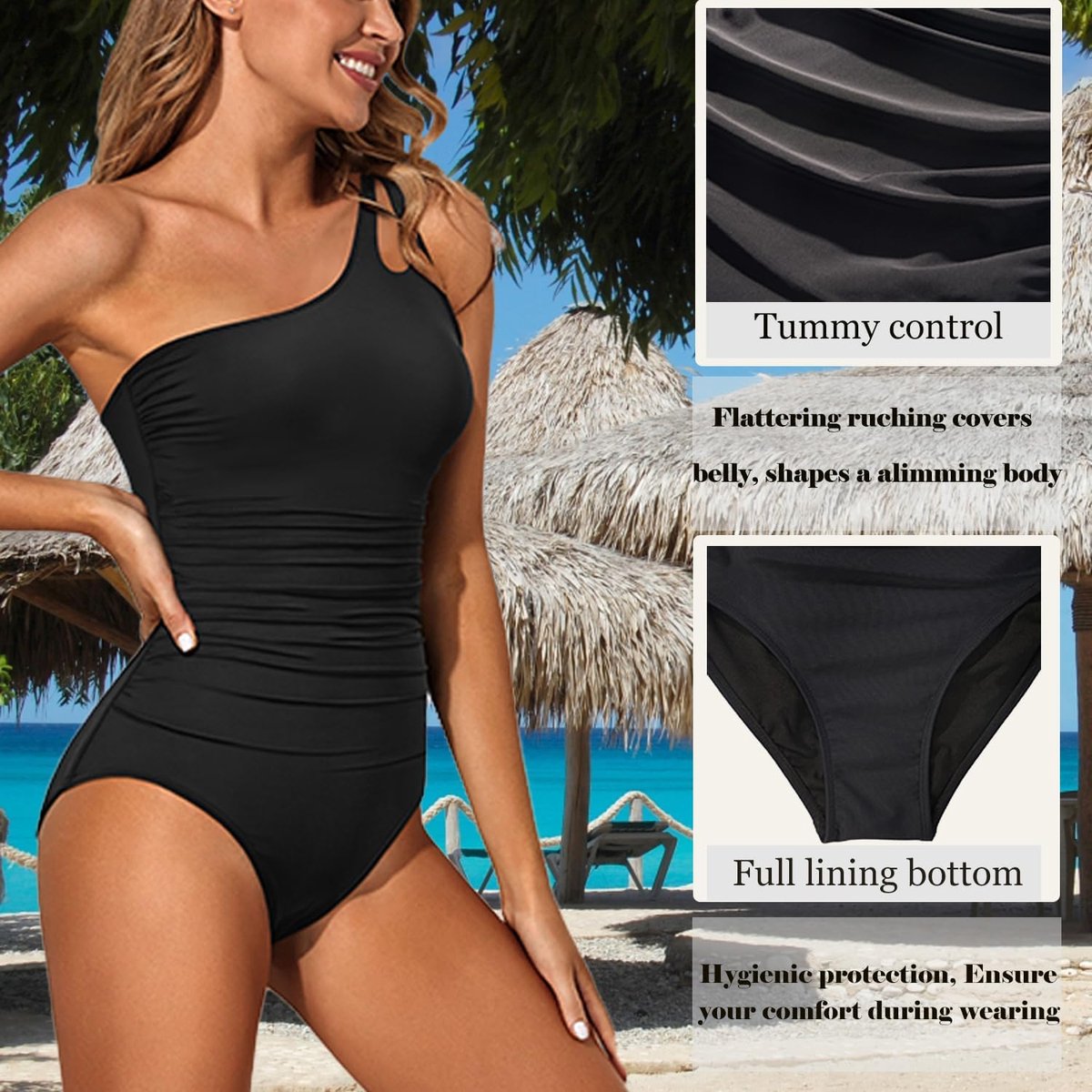 Eendelig badpak voor dames, V-hals, curvy, elegante buik, ruches, push-up, beachwear, monokini, buikcontrole, vintage, sexy, hoge taille, zwempak, slimfit, eendelig strandbadpak