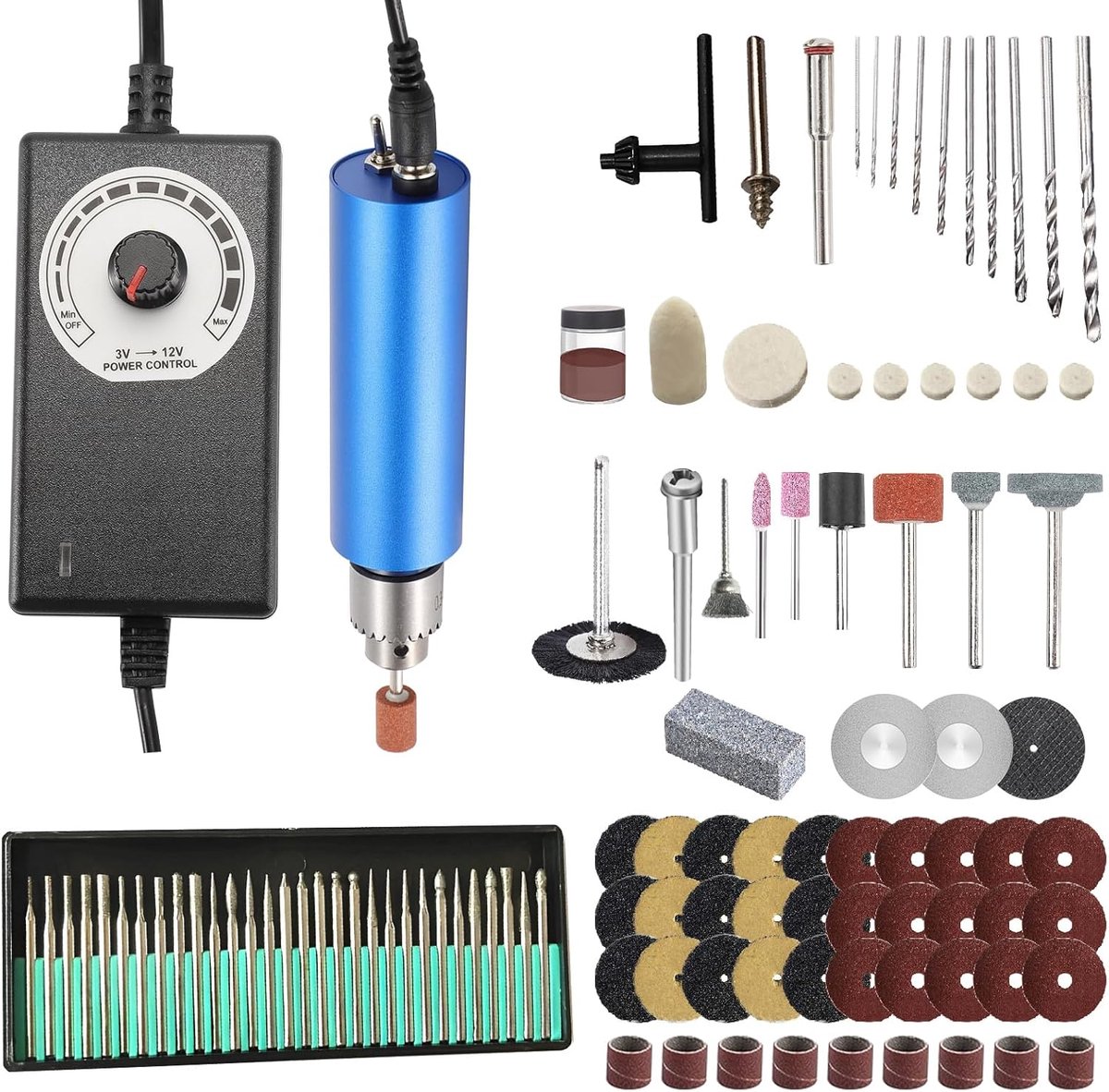 handboorset, 0,8-3 mm handheld elektrische mini-boor, harspolijstset met 10 stuks HSS-boren, slijpschijf voor doe-het-zelf knutselen houtsnijwerk sieraden maken