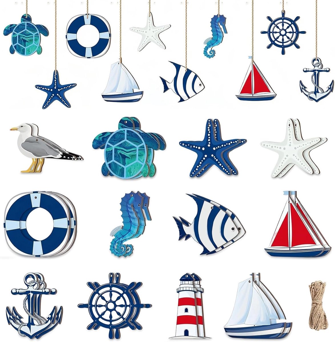 SnelShoppen - 24-delige Marine Decoratie, Houten Stuurwiel, Anker, Reddingsring, Sterrenvis, Boot, Vuurtoren, Visdecoratie voor Woonkamer Wanddecorati