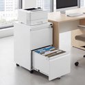 Witte metalen archiefkast met twee laden, de onderste lade staat open met ordners erin. Een printer staat bovenop.