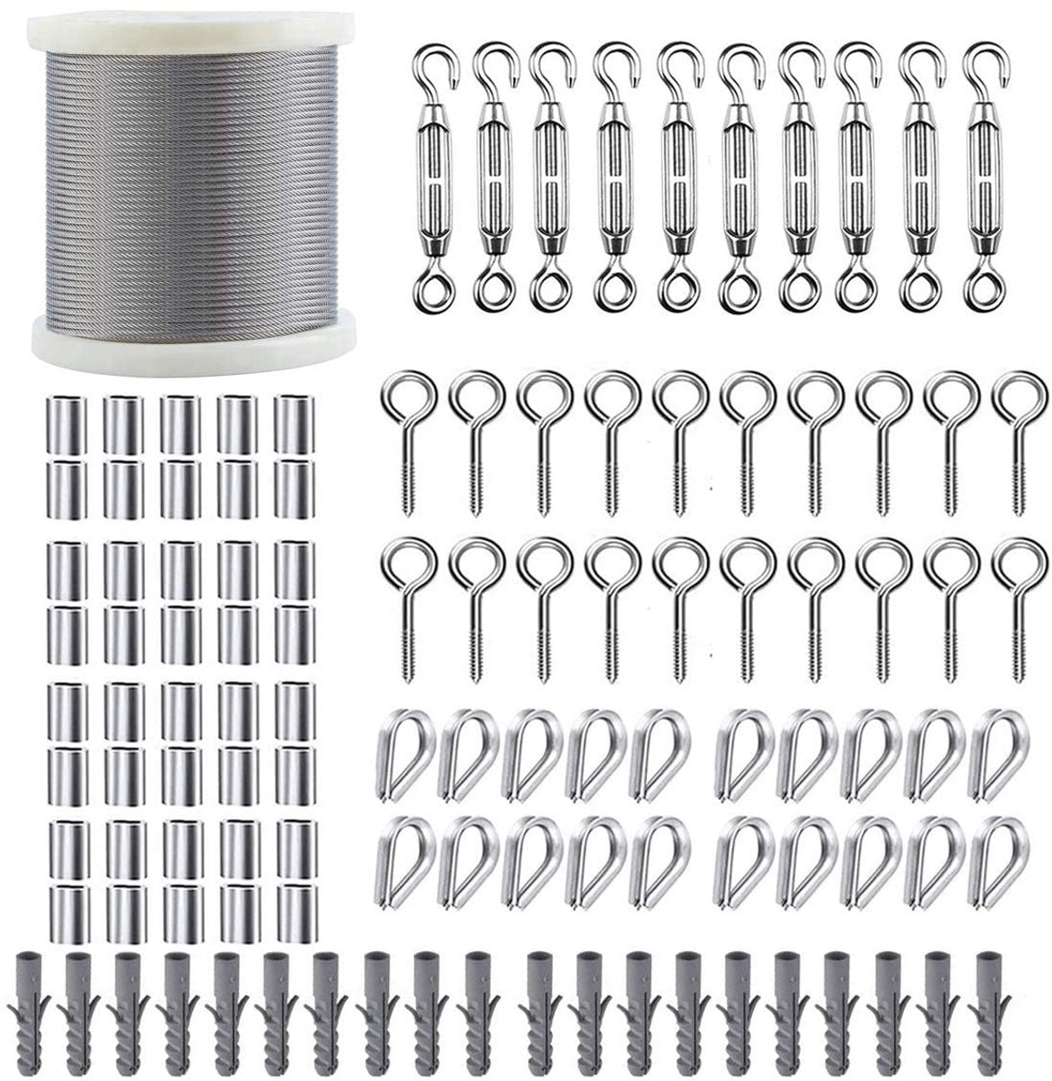 SnelShoppen - Tuin Draad voor Klimplanten, 60M/2mm RVS Draad met M5 Spanner Kit, 7x7 Strengen PVC Gecoate Staal Kabel voor Verlichting Ophang Kit, Tui