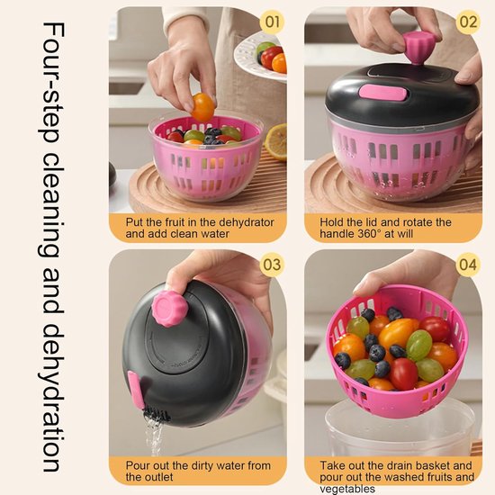Slacentrifuge - Groente Droger - Verse Salades Maken - Antislip Onderkant - 800 ml - Zwart Roze — afbeelding 4