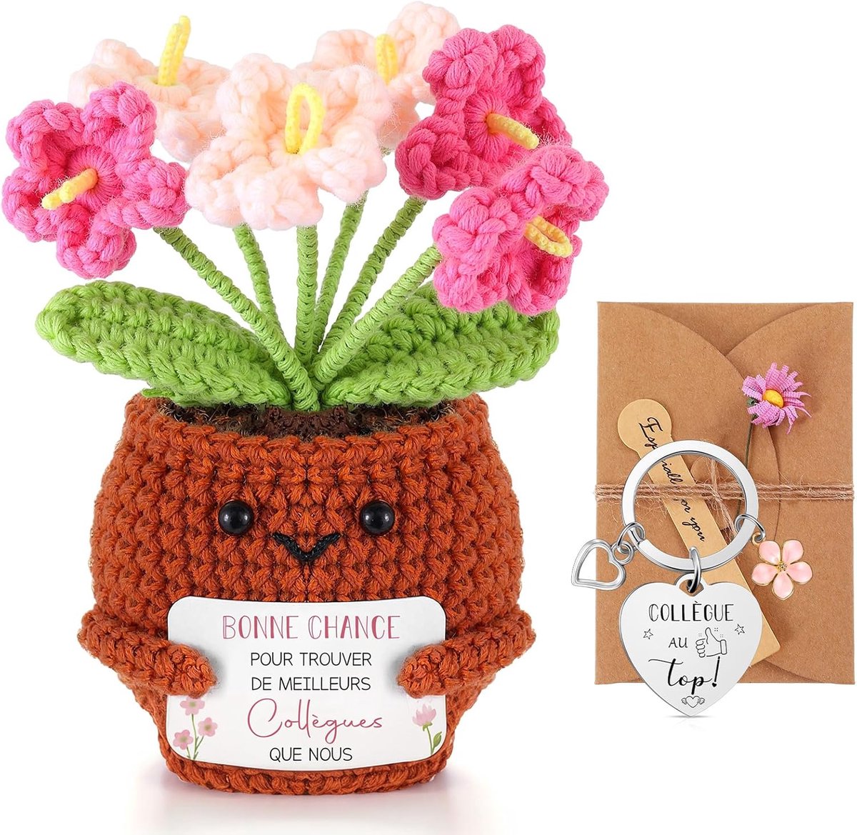 3-Delige Cadeaus Voor Collega's Positieve Kleine Handgemaakte Gehaakte Bloemenpop Sleutelhanger Madeliefjeswenskaart Voor Pensioenkantoor Vrouwelijke Werknemer(Bonne Chance)