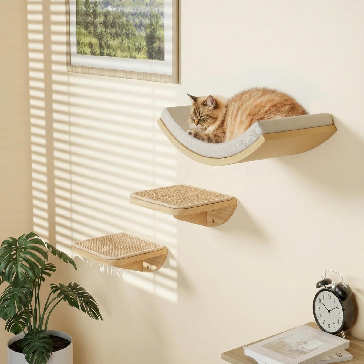 muur, kattenklimwand, set van 3 met 2 klimniveaus en gebogen platforms, wandgemonteerde houten kattenwandmeubelset voor klimmen, spelen, slapen