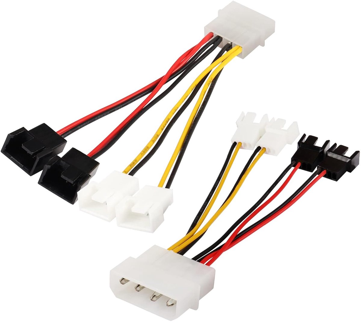 4-polig Molex naar 4 x 4-polig ventilator-aansluitkabel (voeding 4 ventilatoren van 1 Molex-aansluiting!) 2 x 12 V / 2 x 5 V voor CPU-PC-behuizingsventilatoren (2-pack)
