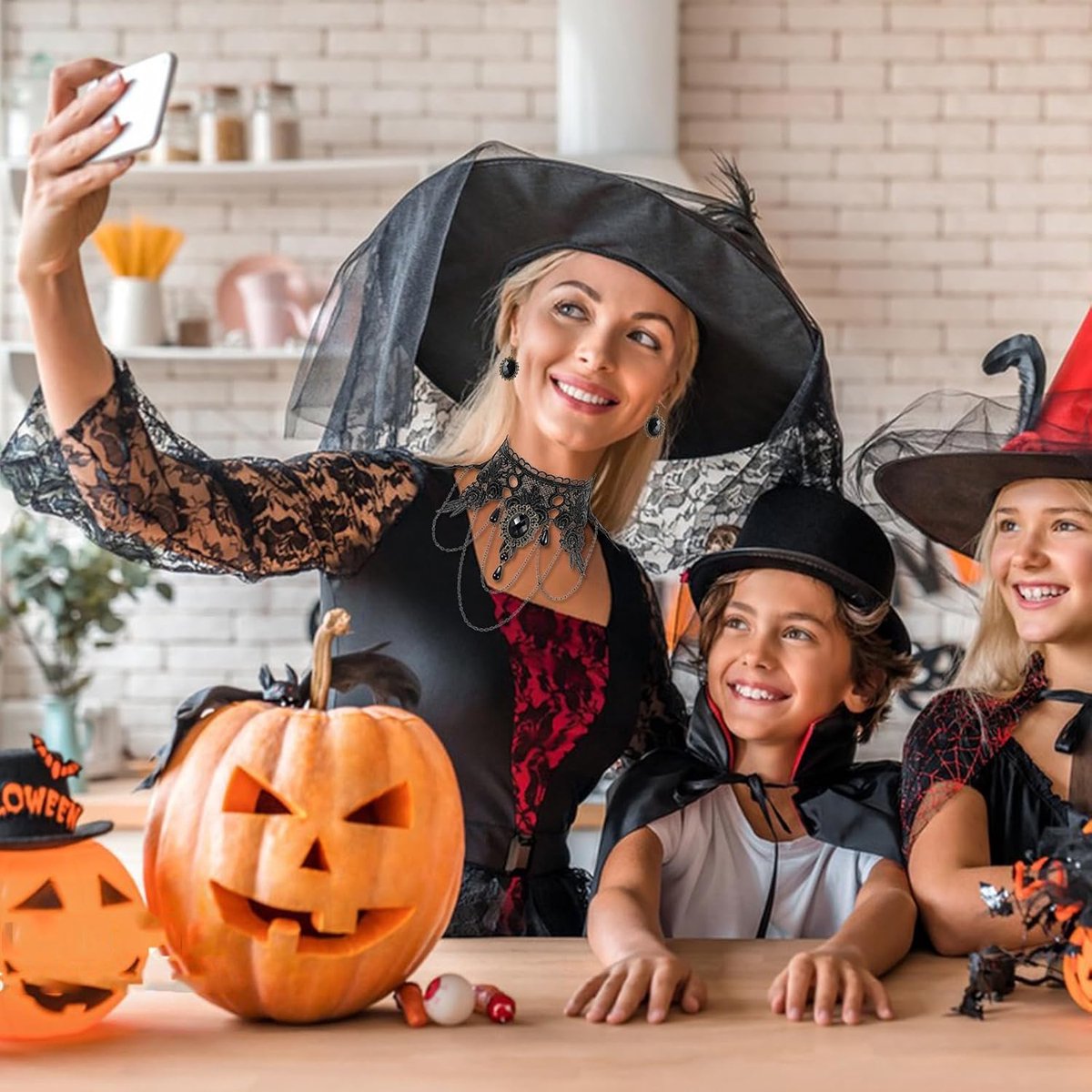 Heksenhoed, 4 stuks, heksenhoed, zwart, vleermuis, kostuumaccessoires, heks, kinderen, volwassenen, Halloween, cosplay