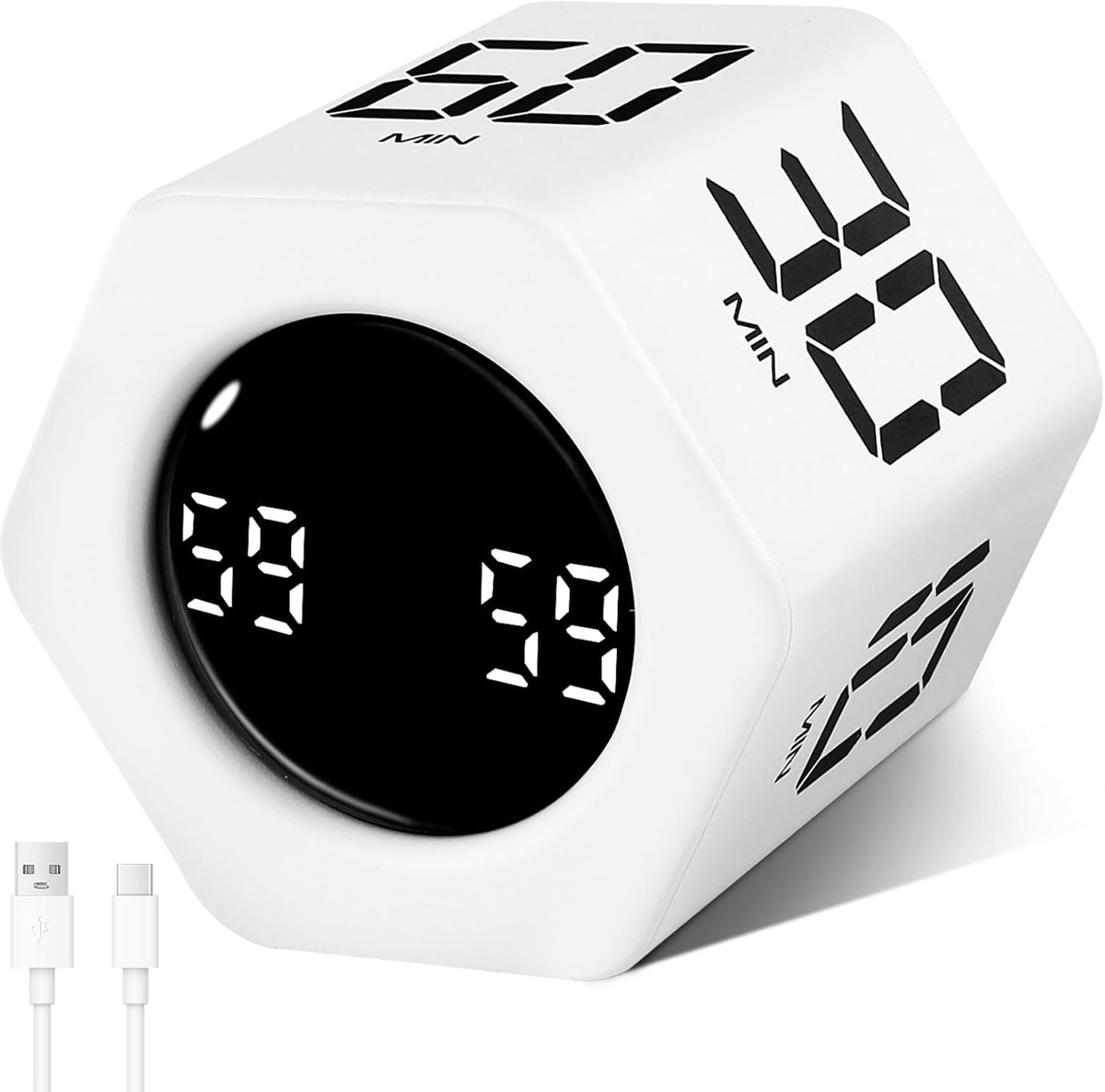Zeshoekige roterende digitale timer, telt 1-5-10-30-60 minuten, instelbaar volume, tijdmanagement voor keuken, kantoor, studie, wit