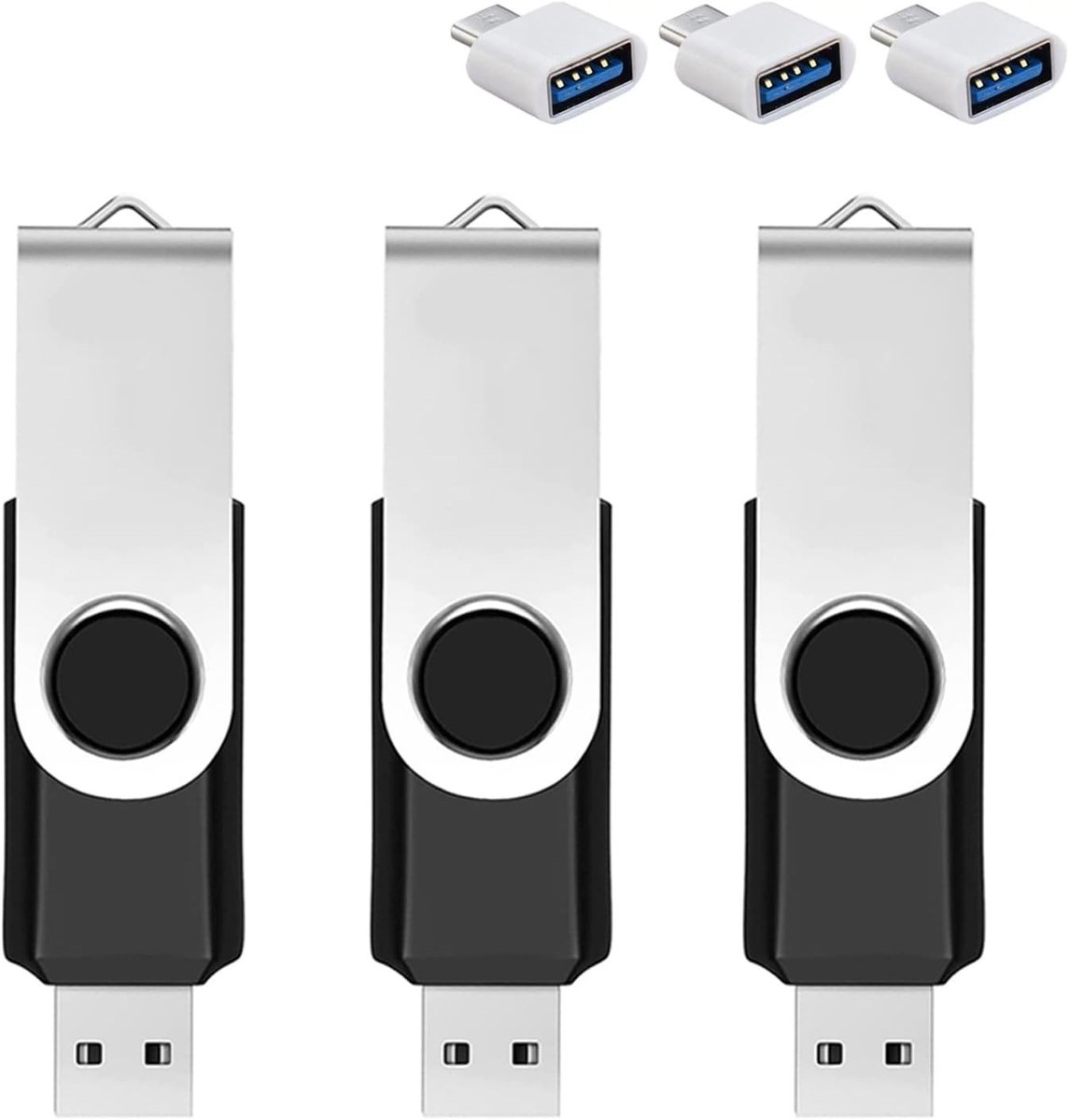 USB-stick 3-pack 128GB - Zwart - Type-C Adapter - 360° Draaibaar - Voor Mobiel en Computer