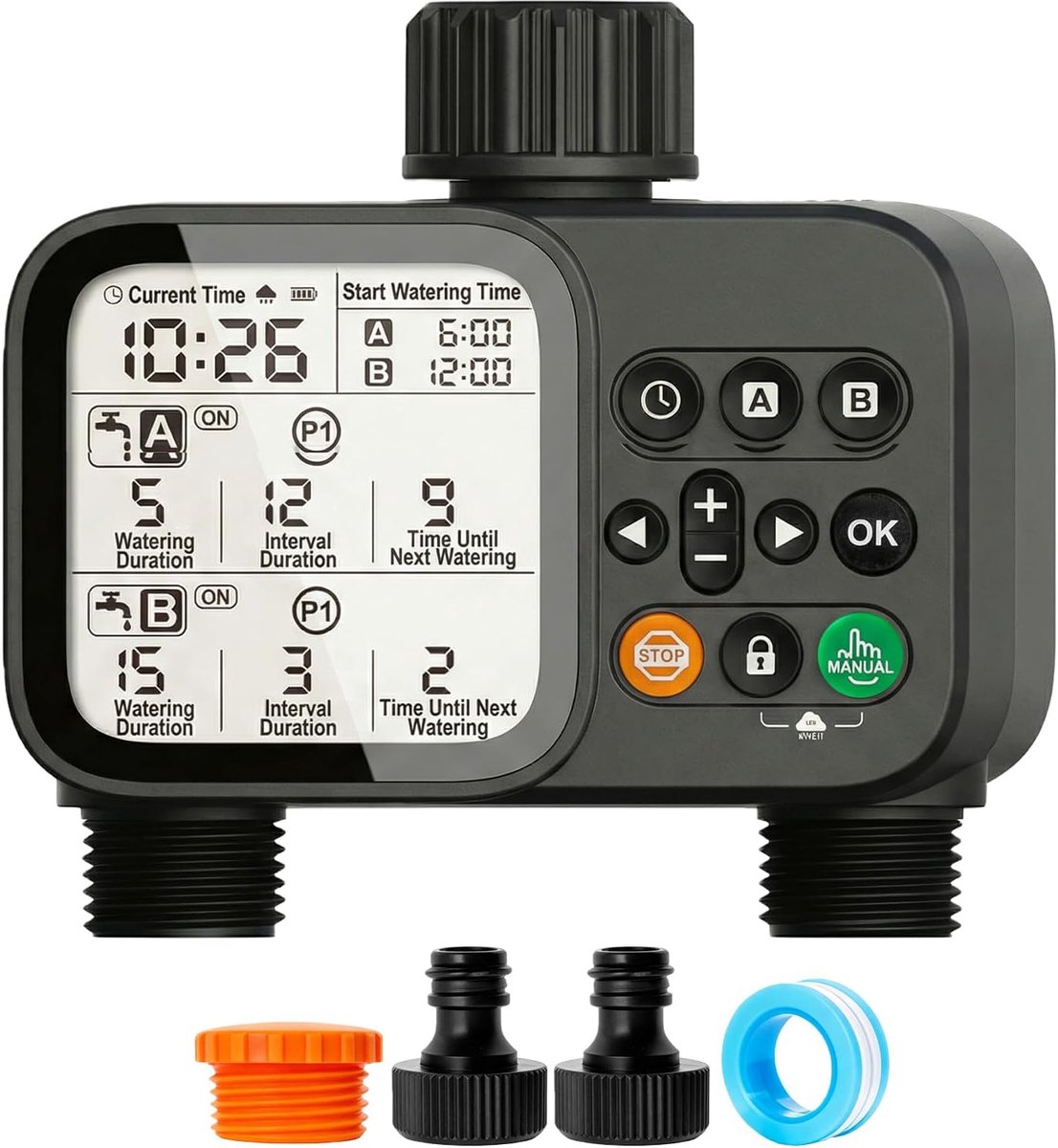 2 uitgangen zones met display, irrigatieklok voor tuin, irrigatiebesturing met regenvertraging, automatisch/handmatig, IP54 waterdichte timer voor tuin en buiten
