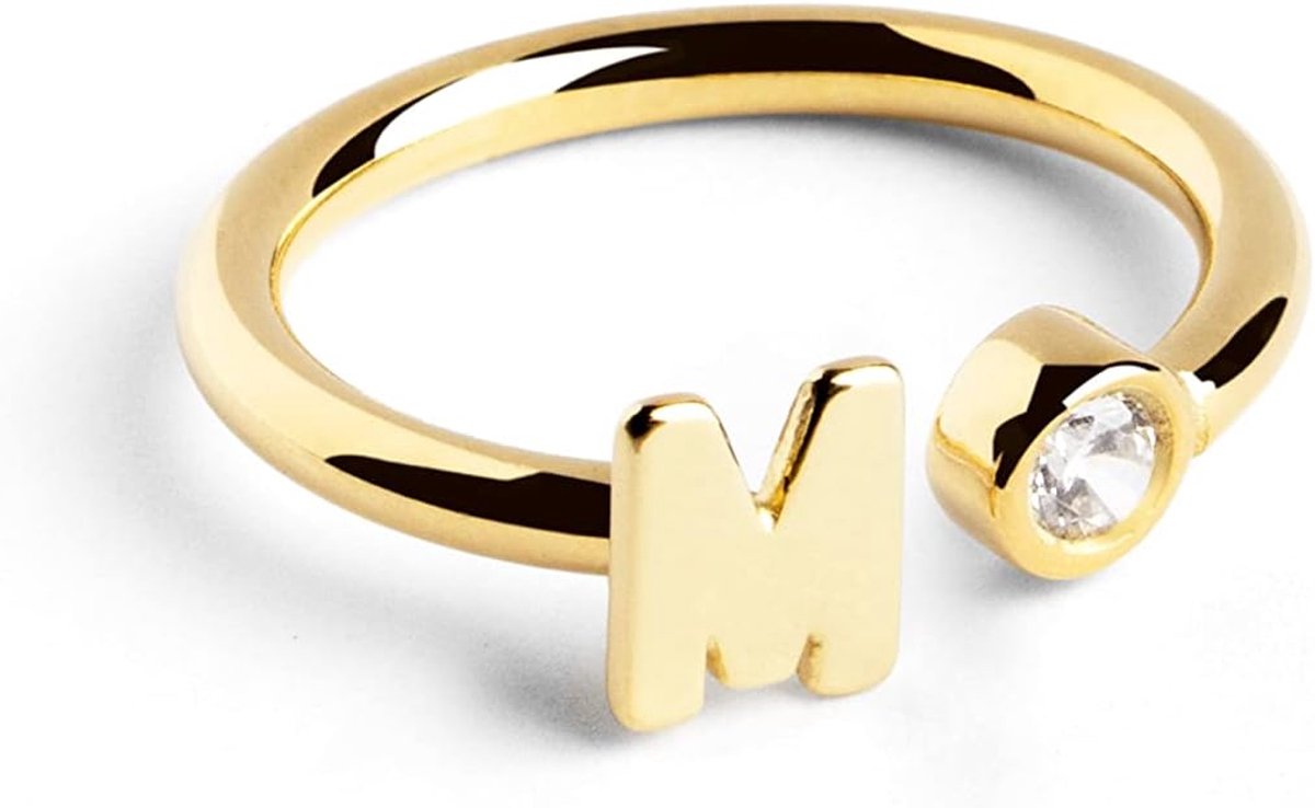 - Gepersonaliseerde Letter Spark Ring - Verstelbare ring - 925 sterling zilver met 18 karaat vergulde afwerking. - Eén maat - Sieraden voor dames - Gemaakt in Spanje