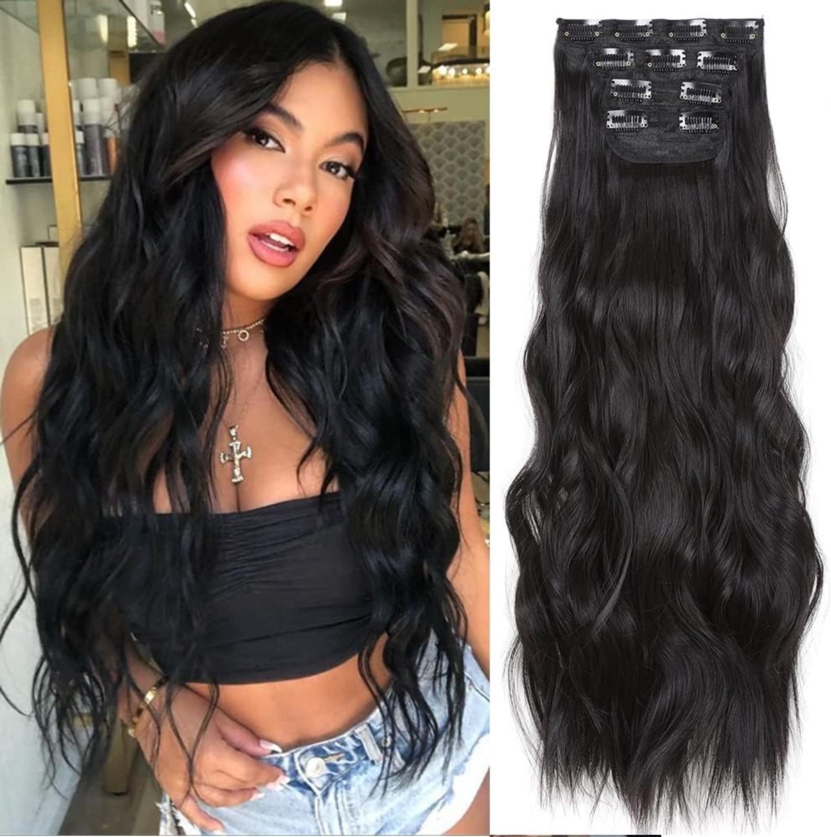 Haarextensies Clip-in Extensions Synthetisch Haarstuk Voor Vrouwen (24 inch, 1B#)