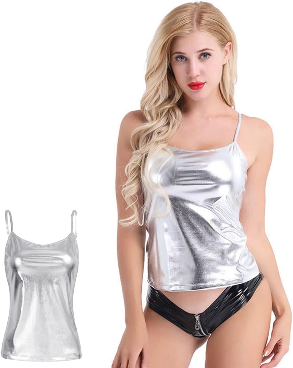 tanktop voor dames, mouwloos, metallic, vloeibare wetlook, sexy hemd, basic effen vest, top, strappy dagelijkse halter tanktops, blouse, shirts voor nachtclub, party, prestaties kostuum, Zilver, S