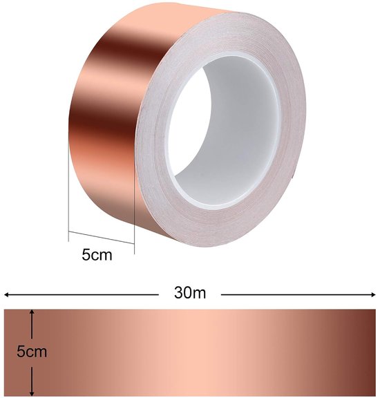 zelfklevend, koperband tegen slakken, 30 m x 50 mm, koperfolie, EMI koperfolie, dunne plakband, slakkenband, slakkenbescherming, slakkenhek — afbeelding 2