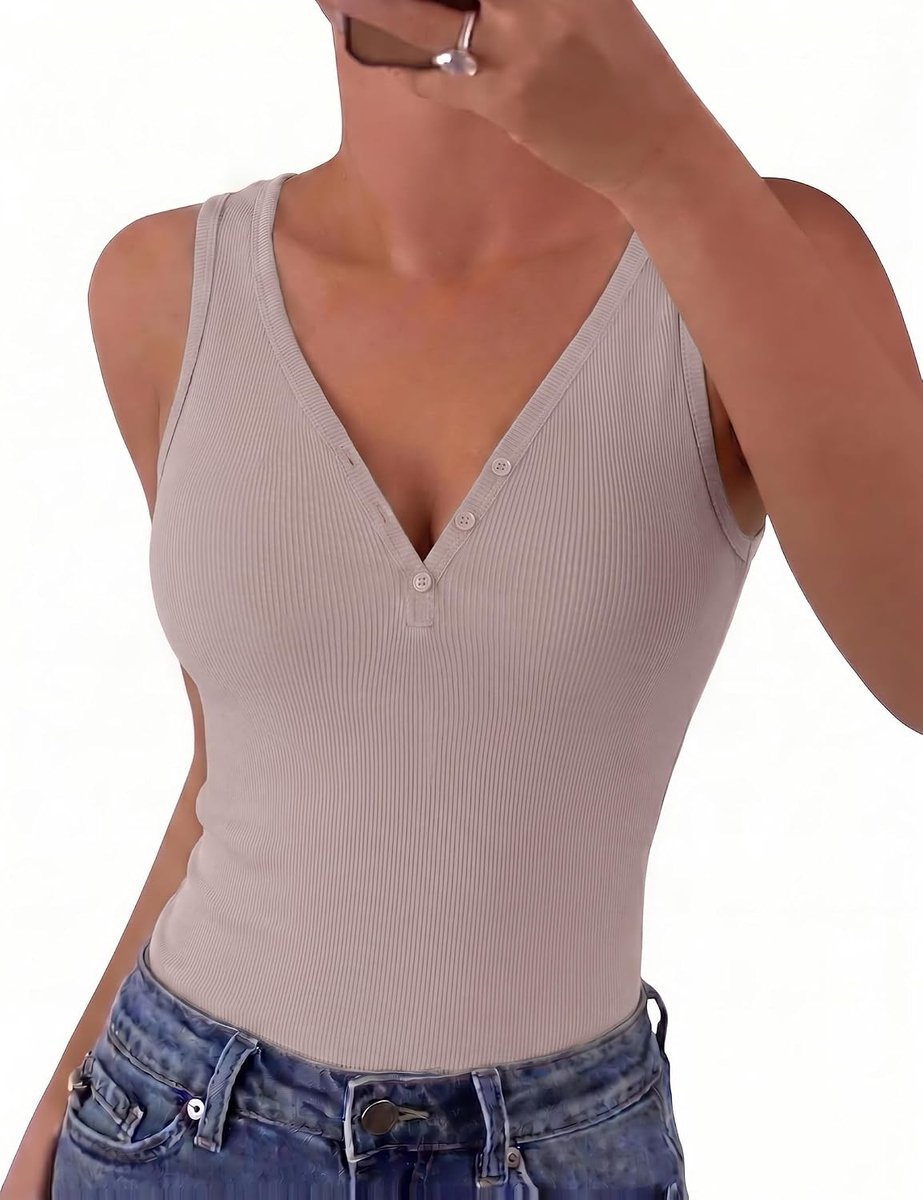 Zomertops voor dames, V-hals, mouwloos, vest, tops, geribbeld, basic, slim fit, casual tanktop voor dames
