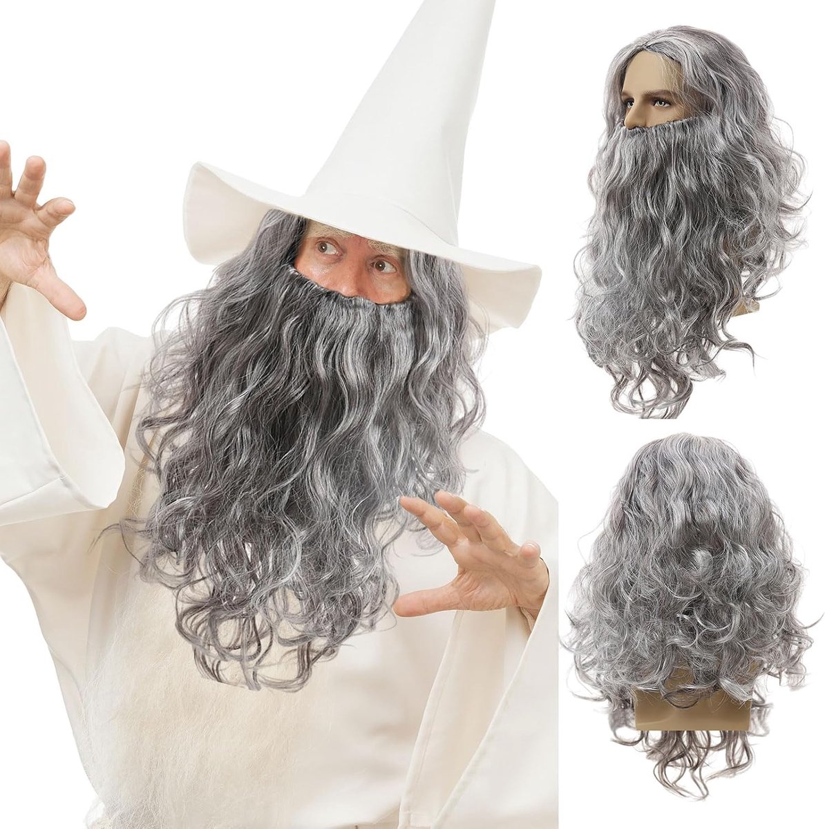 Wizard pruik en lange baard, mannen pruik met lang haar rijs grijs cosplay tovenaar profeet voor het carnaval Halloween kostuum van Kerstmis (Grijs)