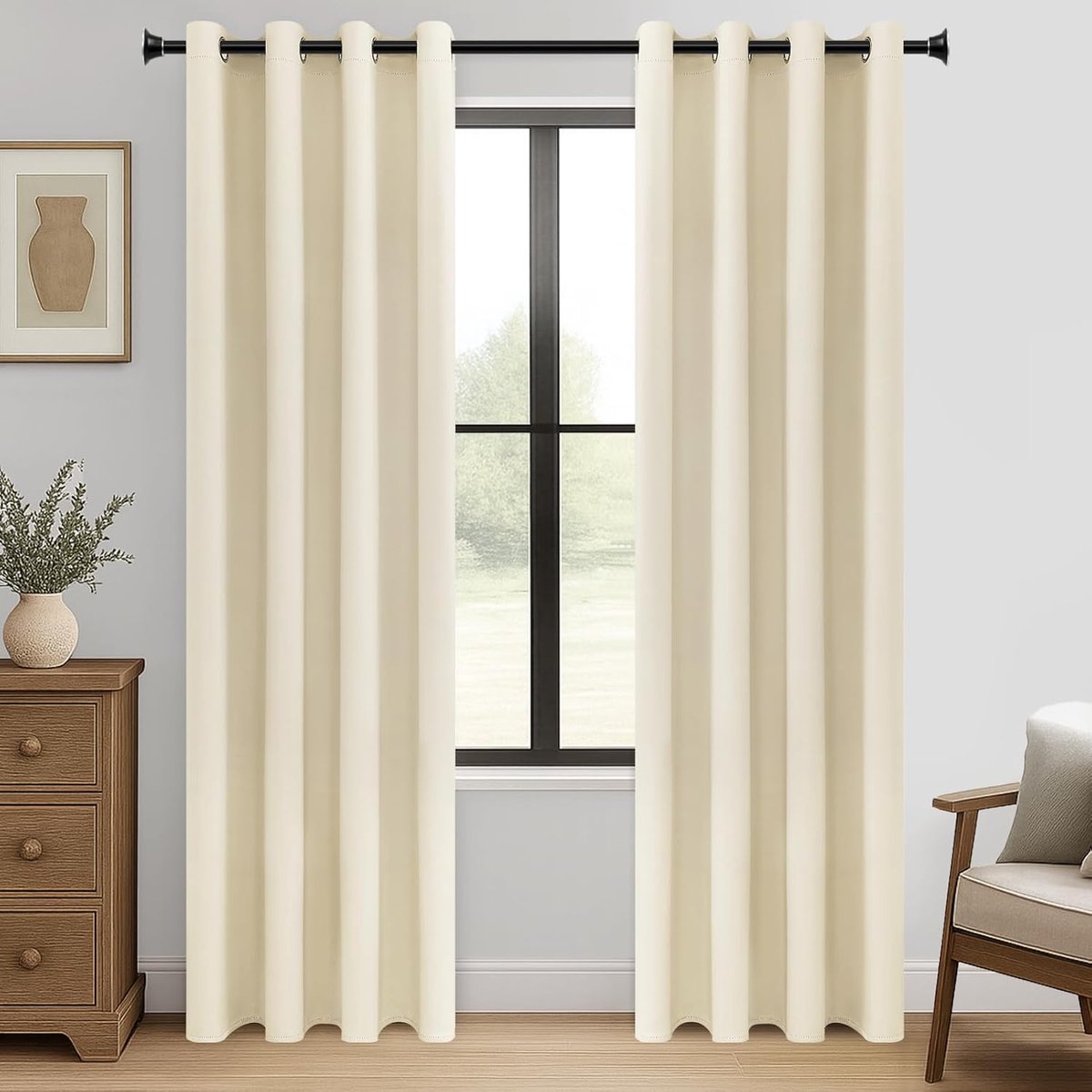 Verduisterend gordijn voor binnen, slaapkamer, beige, thermisch geïsoleerd, koud en warm gordijn met ringen voor binnendeuren, woonkamer, woonkamer, modern, 2 stuks 140 x 210 cm