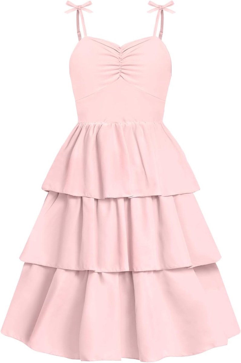 Meisjes Spaghetti Strap Jurk Kinderen Zomer Strik Gesmokte Gelaagde Swing Jurken Casual Elegante Zonnejurk voor Meisje 5-13 Jaar