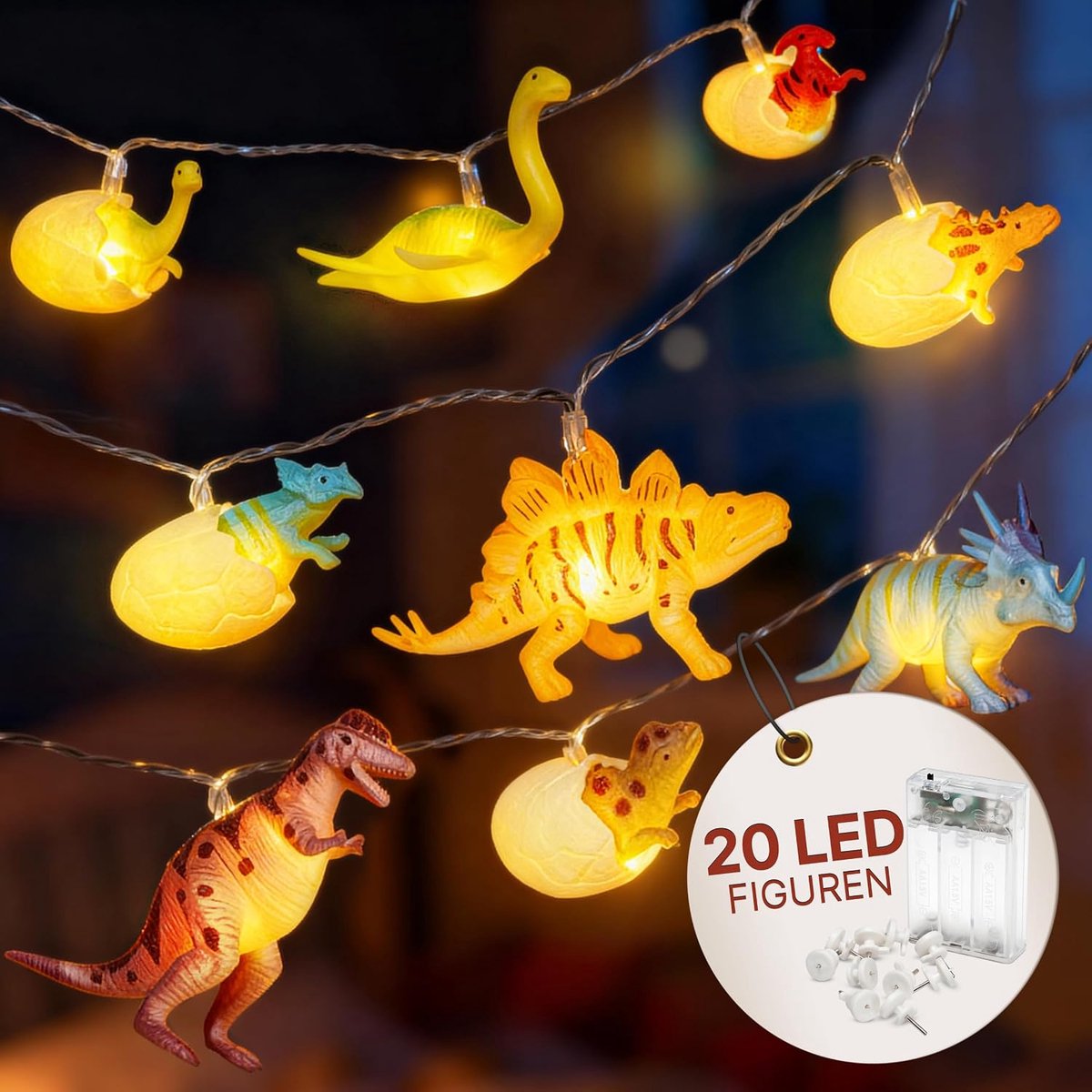 Dino Lichtsnoer voor kinderkamer, 12 led-figuren, 4 meter stroomvoorziening, bed, huisbed, lichtketting, jongens en meisjes