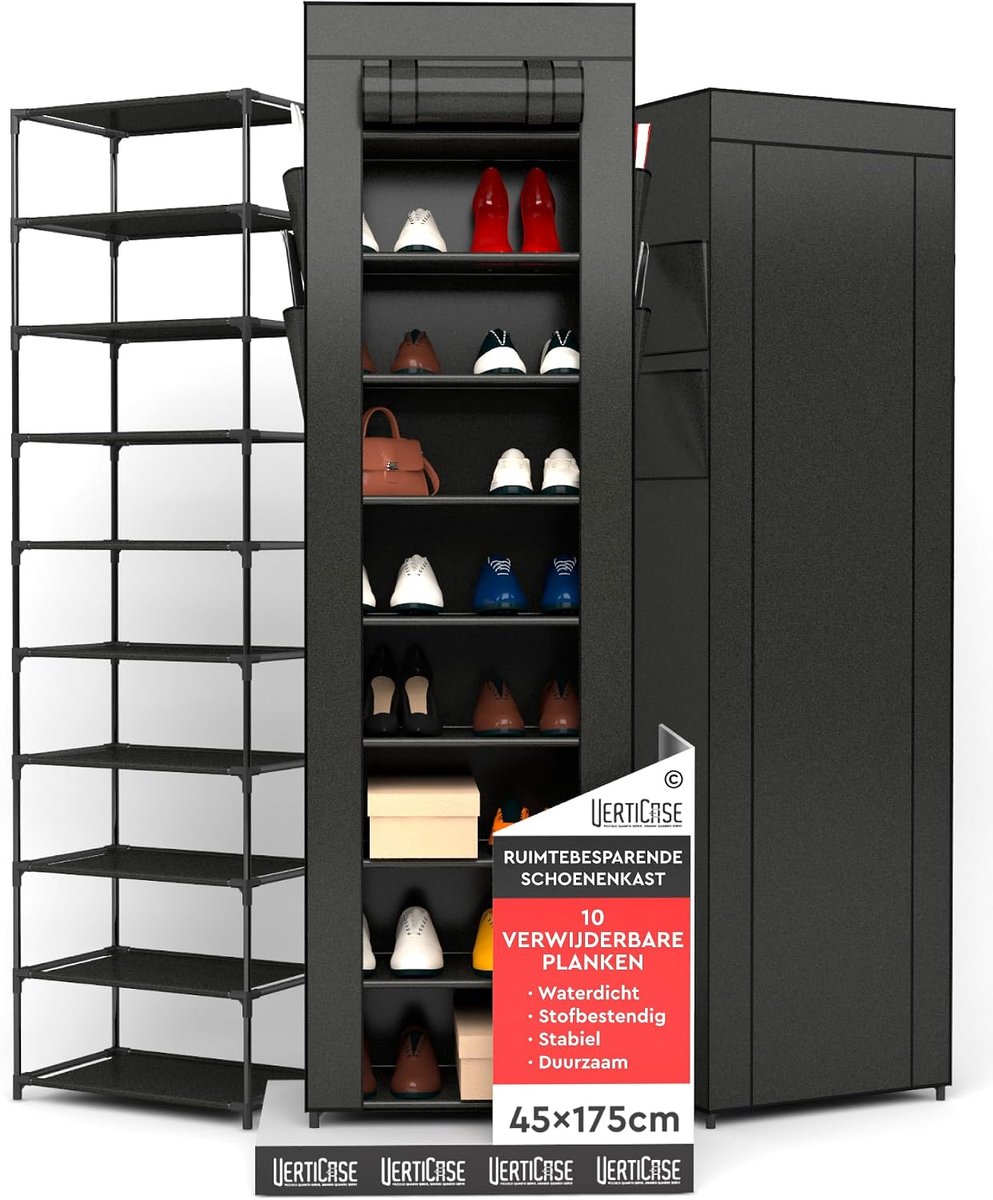 SnelShoppen - Schoenenrek 10 Niveaus Schoenkast Hoog met Stofbescherming 45x175x28cm Zwart - Ruimtebesparend Slank Waterdicht Verticaal - Voor Sportsc
