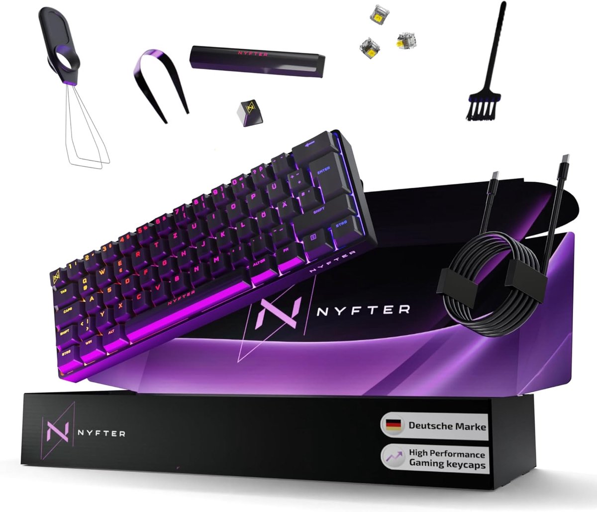 SnelShoppen - Gaming toetsenbord 60% met dubbele demping, PRE-LUBRICEERDE Gateron gele schakelaars, hot swappable, 100% RGB verlichting, ISO DE indeli