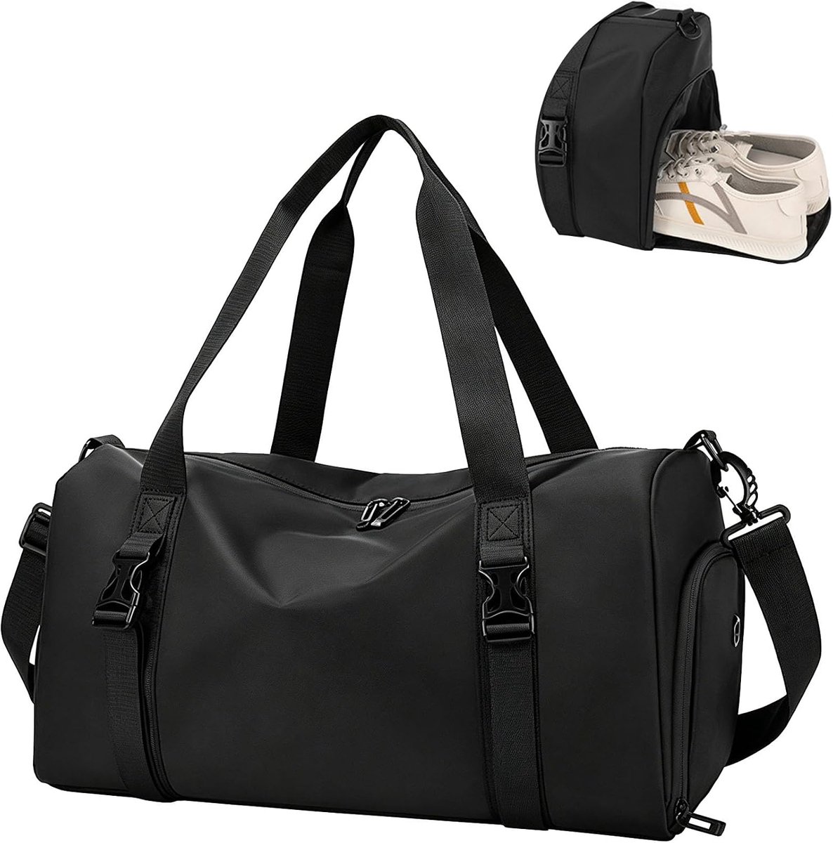 SnelShoppen - Reis Duffel Bag Weekend Tas, Waterdichte Sport Gym Handbagage met Schoenen & Nat Zak & Trolley Houder, Zwart, Voor Mannen en Vrouwen