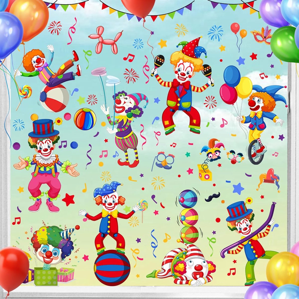 SnelShoppen - 9 Stuks Raamstickers Carnaval, Zelfklevende Clown Decoratie voor Ramen, Herbruikbare Feestdecoratie met Clown Motief voor Carnaval en Fe
