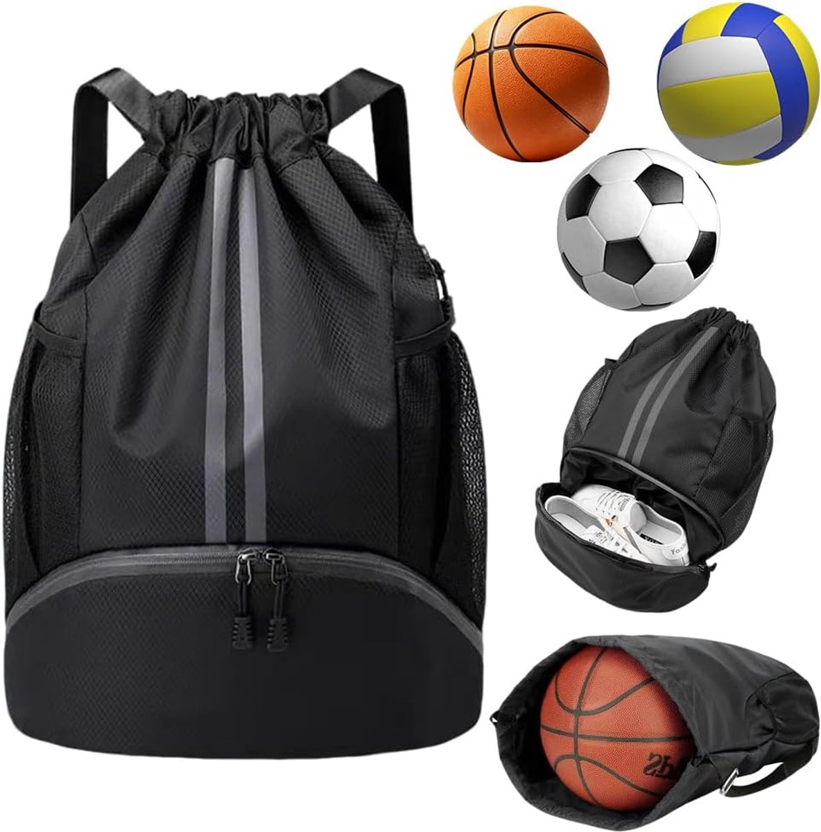 SnelShoppen - Gymtas met Trekkoord, Waterdichte Sporttas met Schoencompartiment, Sportrugzak, Zwarte Sporttas voor Vrouwen en Mannen, Ideaal voor Gym,