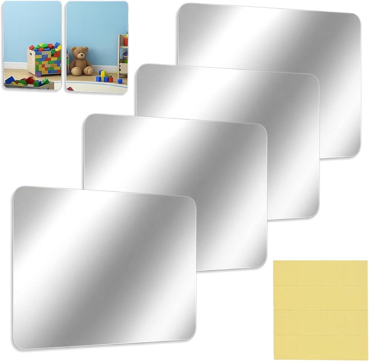 Set van 4 spiegelstickers, flexibele acrylspiegelstickers, 20 x 30 cm, ideaal voor muren, huis, badkamer en slaapkamer - ShopVlot