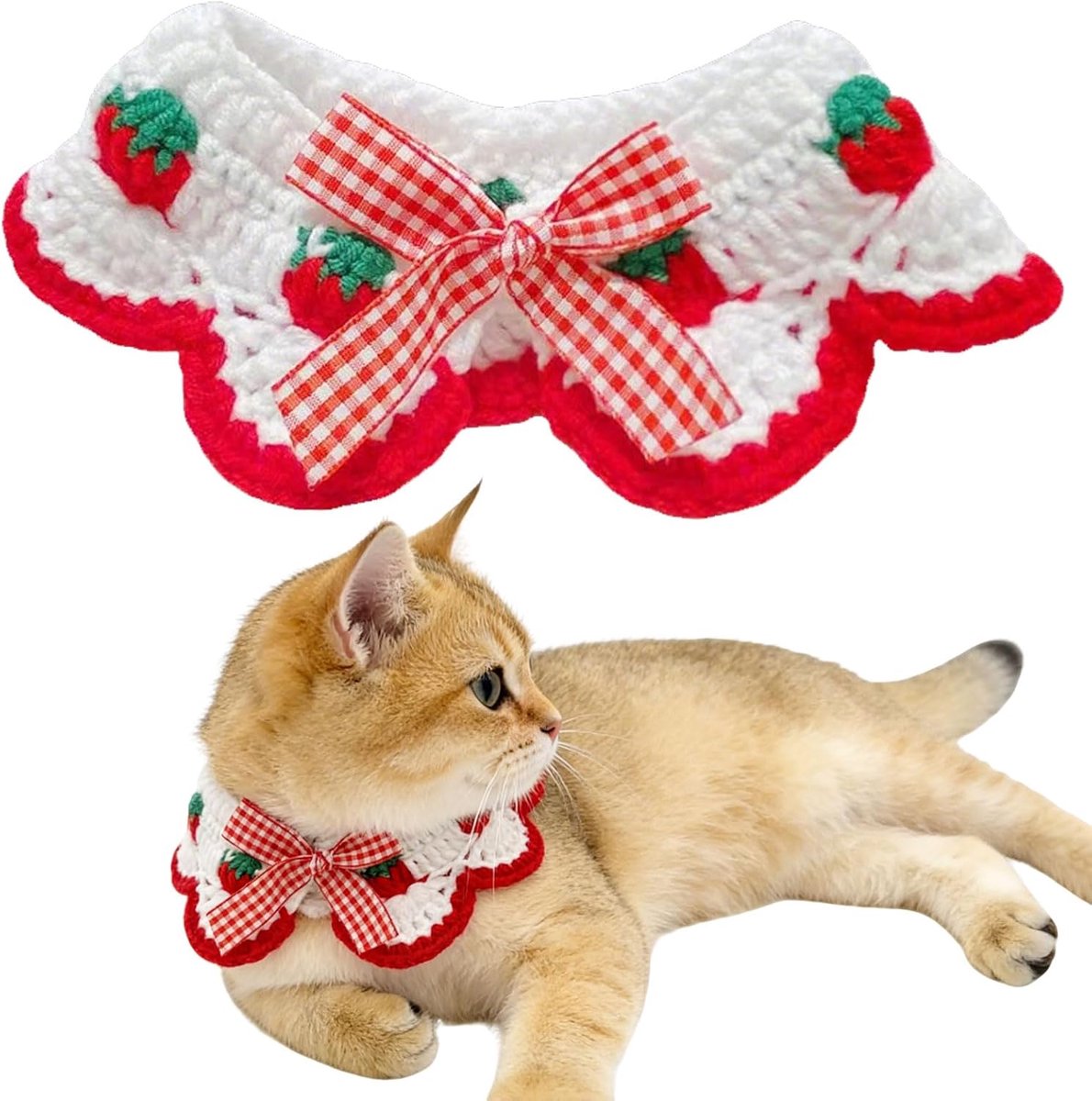 SnelShoppen - Kattenhalsband met Veilige Sluiting, Verstelbare Kittenshalsband met Schattige Strik en Aardbeienpatroon voor Kleine Huisdieren (Wit)