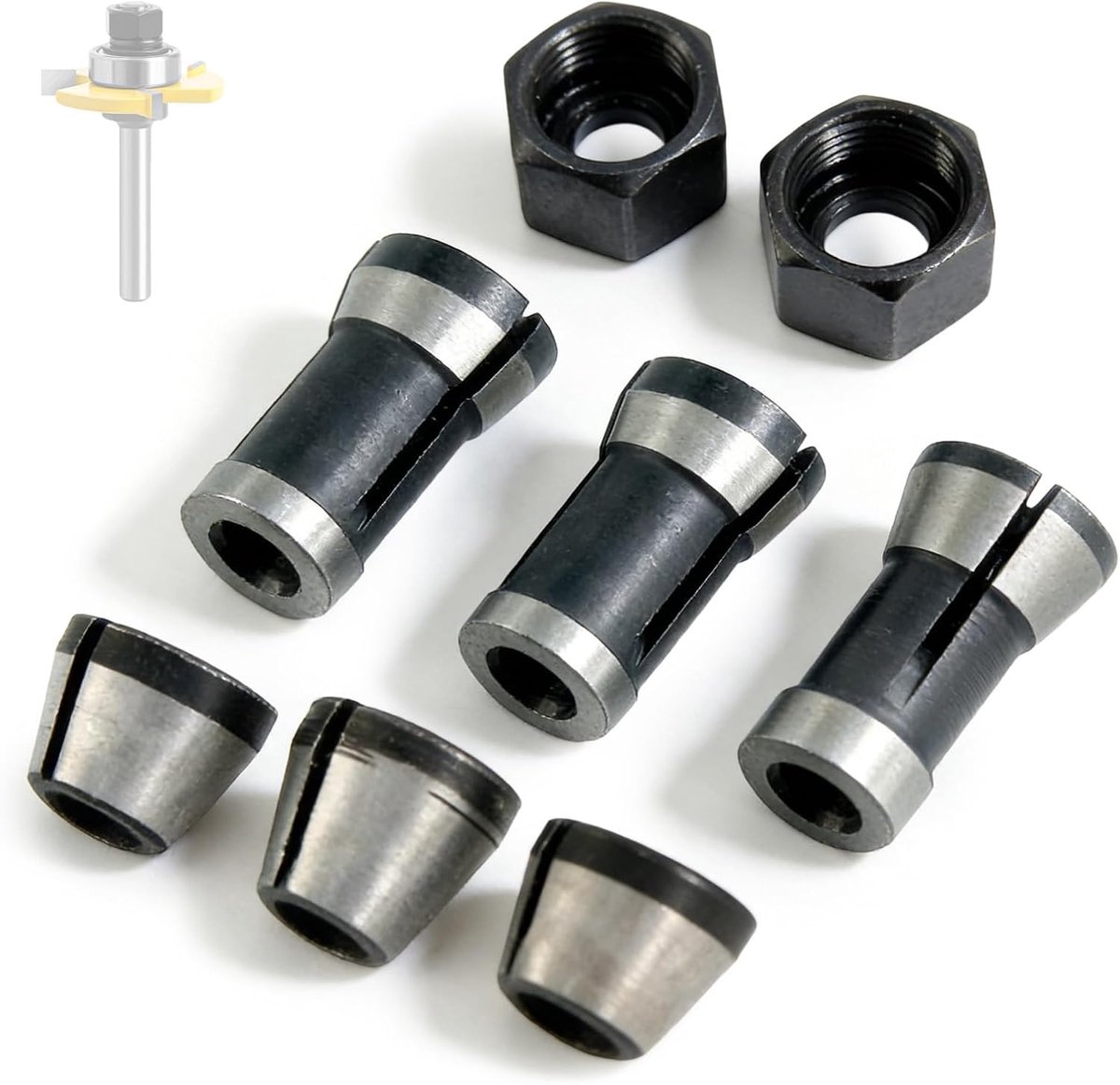 SnelShoppen - Set van 8 Klemmen voor Sluitmachine, Router Accessoires met 6 Klemadapters (6 mm, 6,35 mm, 8 mm) + 2 Graveermachine Moeren