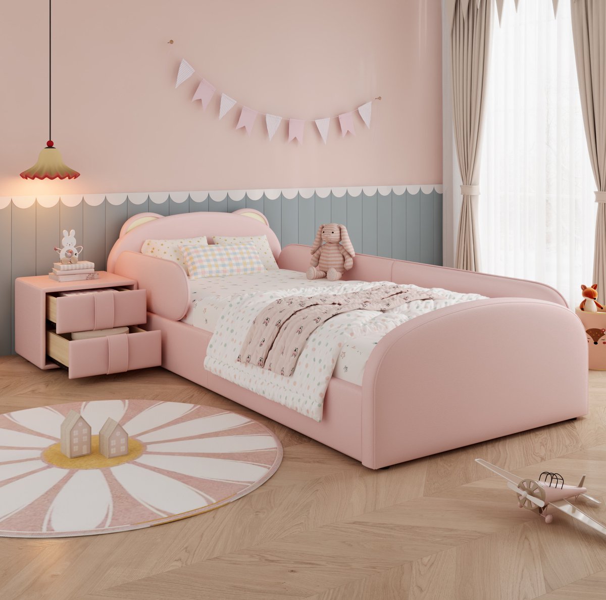 COVREO Kinderbed met berenhoofdbord – 90x200 cm – Polsterbed van PU en multiplex – met nachtkastje en 2 lades – Roze - zonder matras