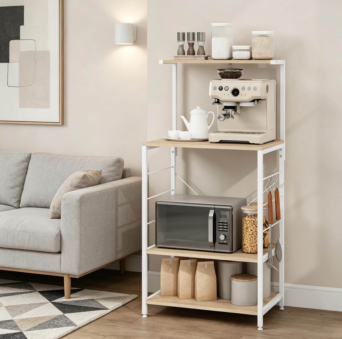 REDOM - Boekenkast - 4 open planken - Zijhaken en X-vormige rugsteun - Vrijstaand - Keuken en woonkamer - Hout en staal - Wit en lichte eik - 60 x 40 x 123 cm