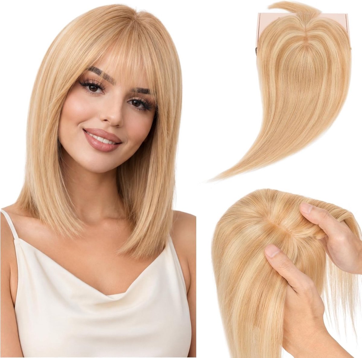 Clip-in haarstukjes van echt haar met pony voor dames, 360° 3D-afdekking, Remy haar topper, 35 cm, hazelnootbruin met platinablond, volumineus en natuurlijk uiterlijk