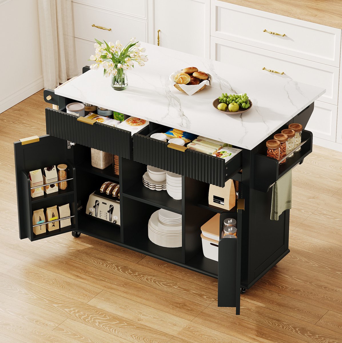 COVREO Sidetable 143x45 cm zwart, MDF met opklapbaar blad en lades
