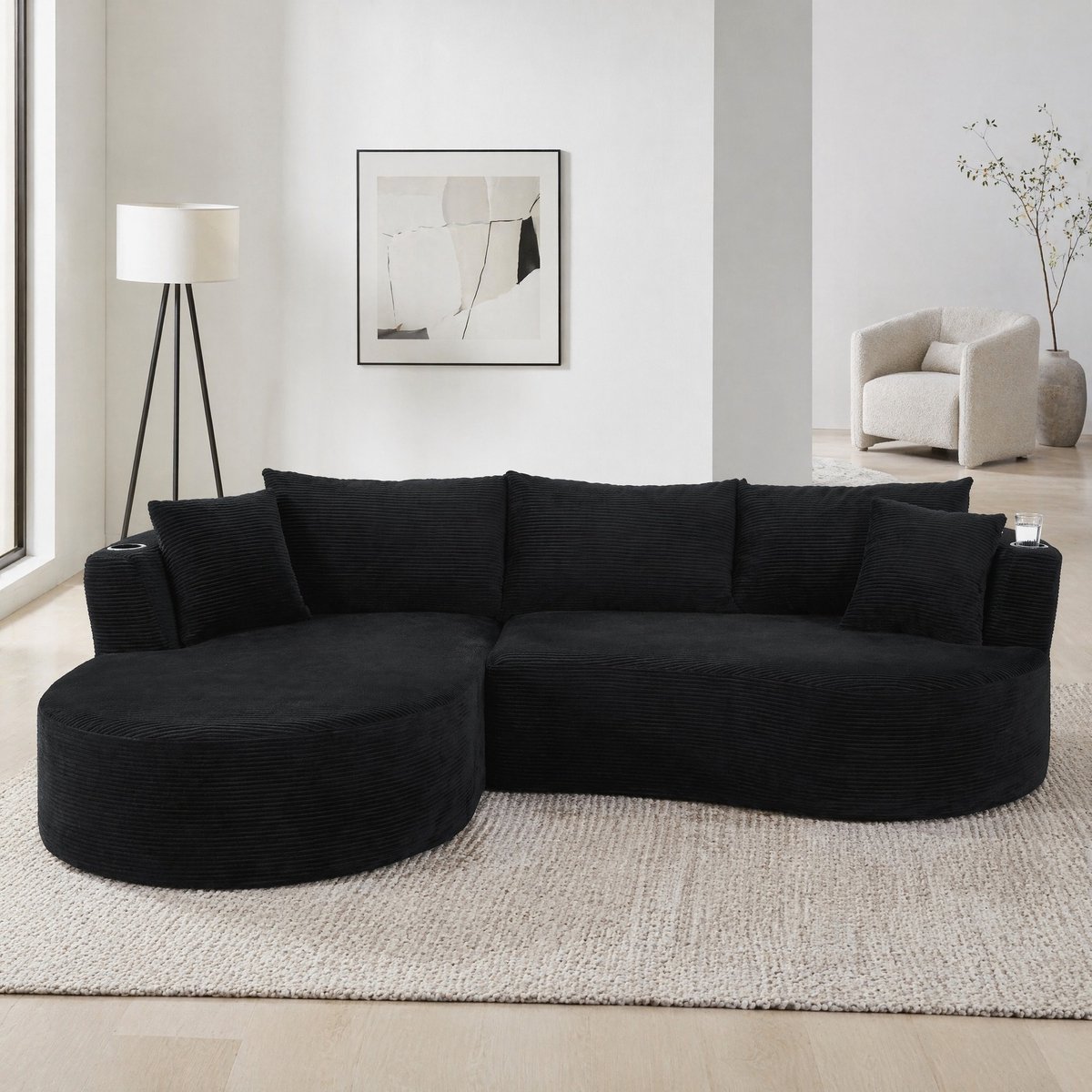 MODENUIT Hoekbank 264 x 168 cm - Linker Chaise Longue met Bekerhouders en Kussens - Woonkamer - Zwart