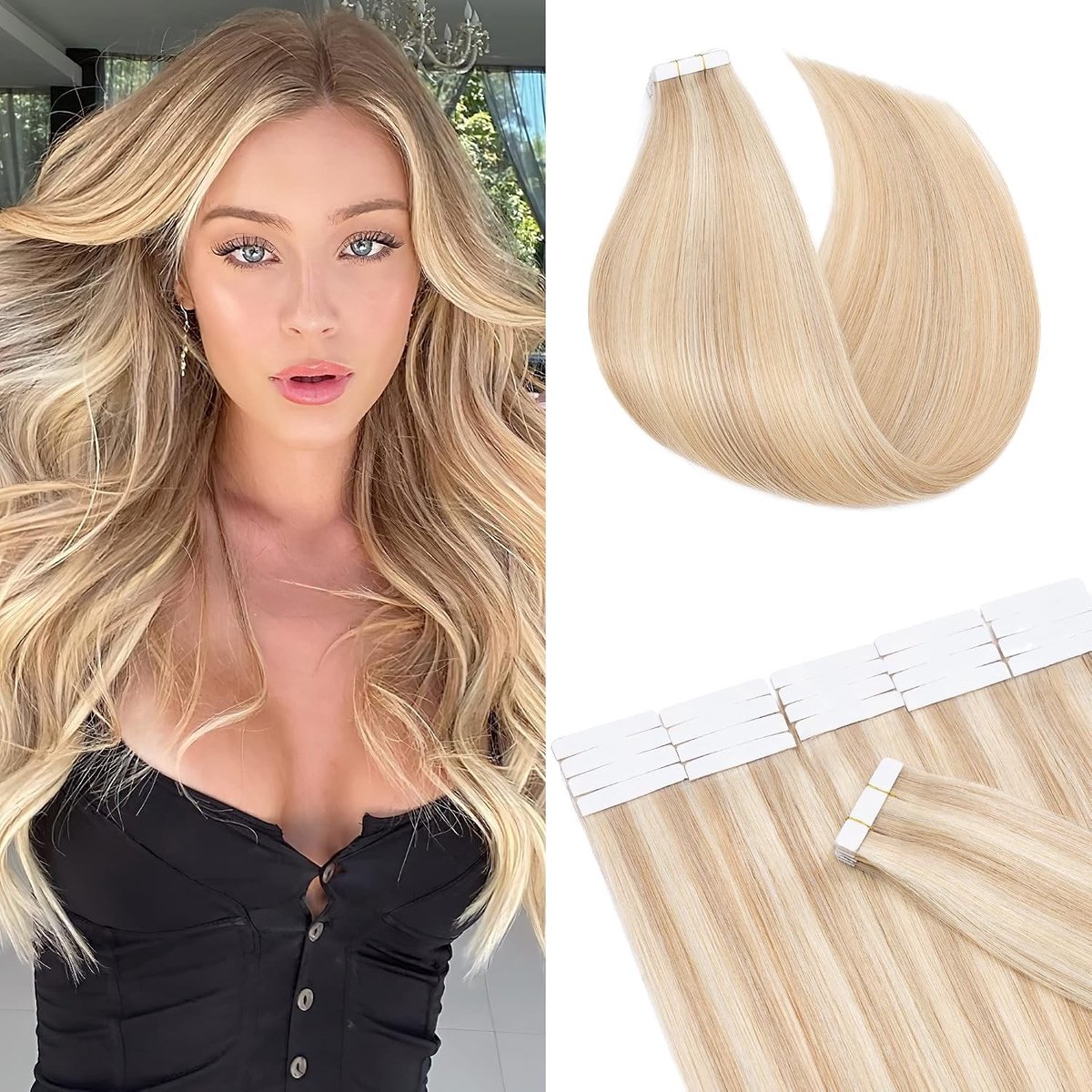 20 Stuks Tape In Extensions van Menselijk Haar, Naadloze en Rechte Remy Haarstukken, Natuurlijk en Onzichtbaar, Kleur #18/613 (Asblond en Bleekblond) - 50 g.