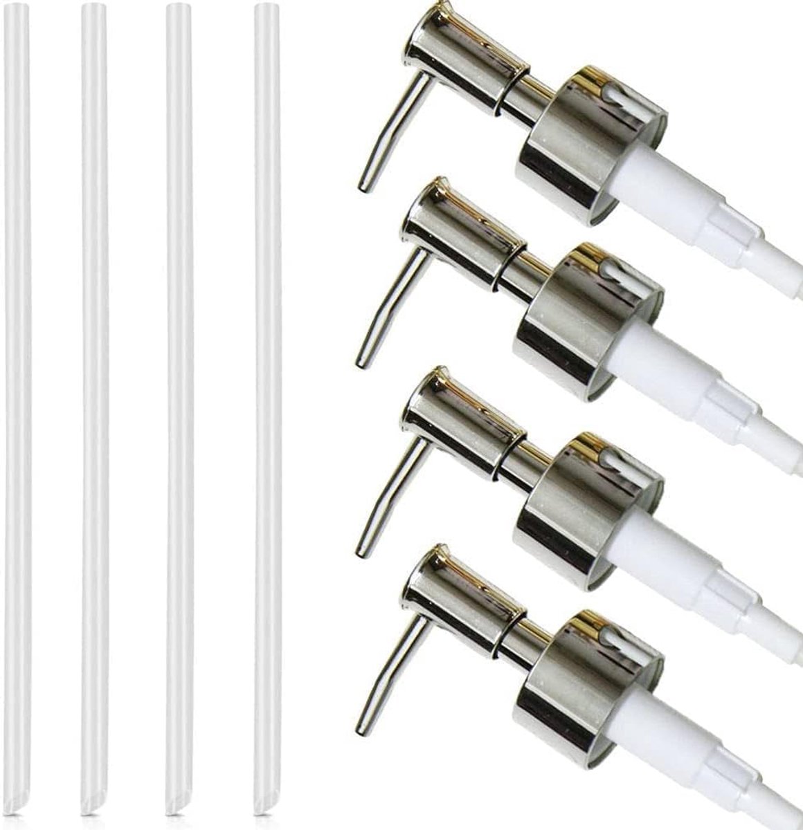 SnelShoppen - Set van 4 Draad Pomp Dispenser met Schroefdop, Zeepdispenser, Pompkop met 11 cm Slang, Geschikt voor Flessen (Flesopening 2,5 cm)