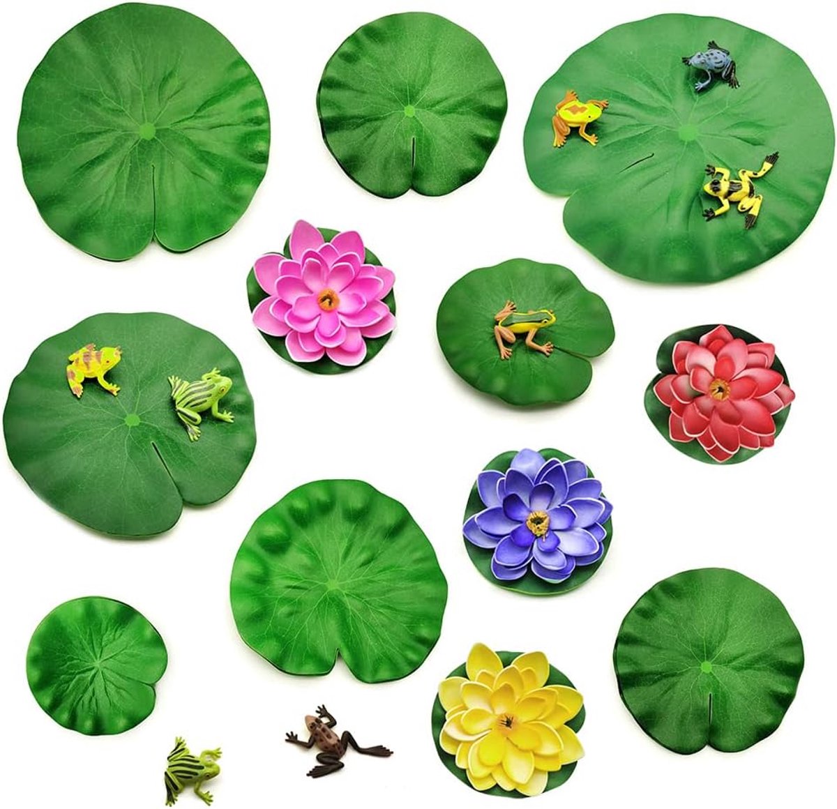 24 Pcs Floating Pond Plants Set, Realistic Water Lily Leaves Artificial Frog Lotus Leaves and Foam Lotus Flowers - ShopVlot