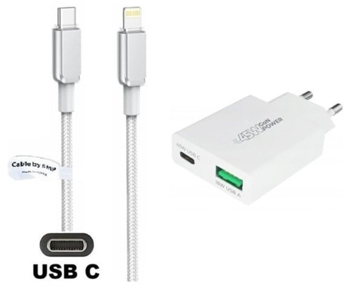 OneOne 45W super snellader met 2 poorten en screenprotector van glas voor iPhone 12 + 1,0m USB C naar Lightning kabel. Universele PD PPS lader. Compacte GaN oplader adapter. Glazen screenprotector past op Apple iPhone 12