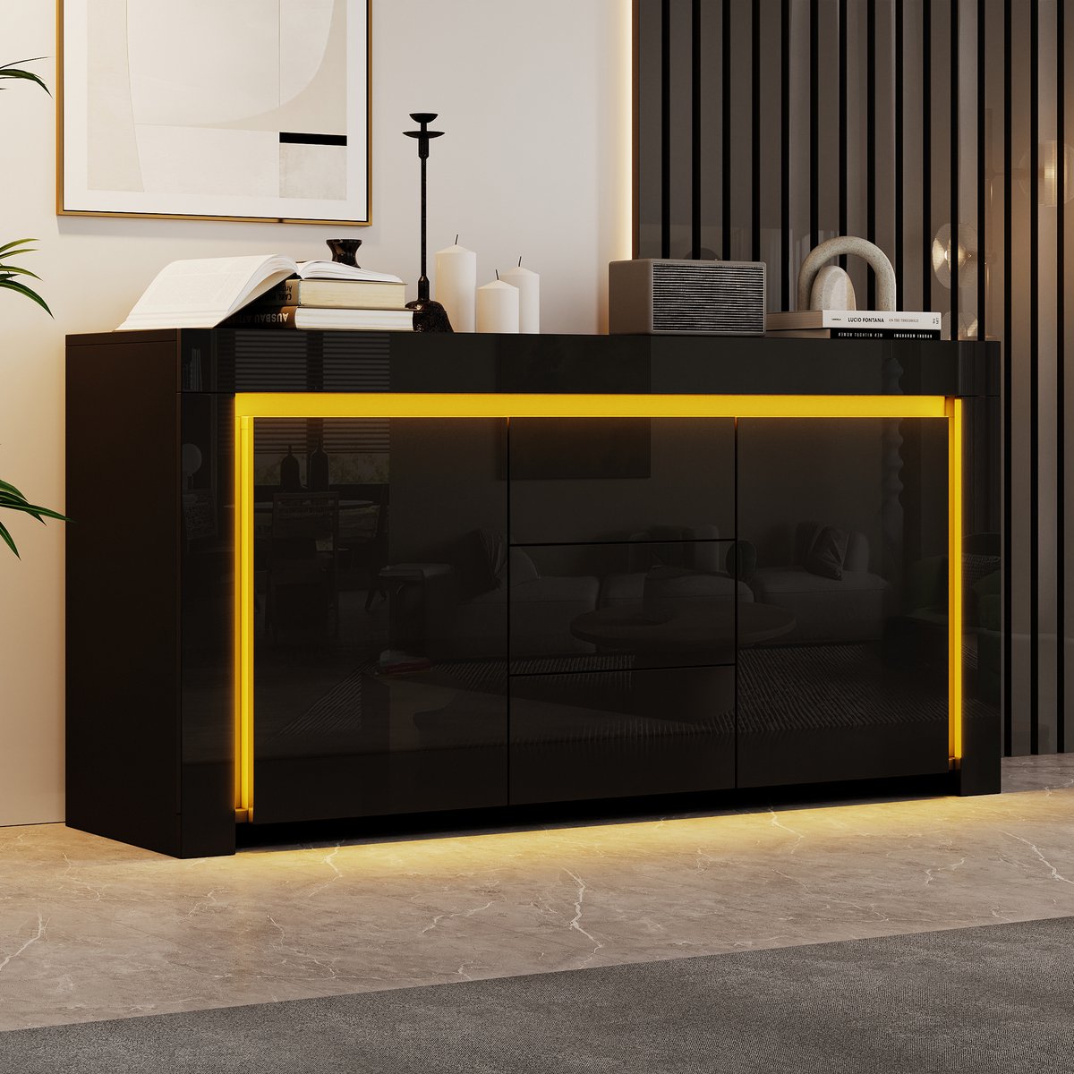 Sweiko Hoogglans Dressoir - Buffetkast - Halmeubel - 3 lades - LED-verlichting - 140 × 40 × 65 cm - Zwart