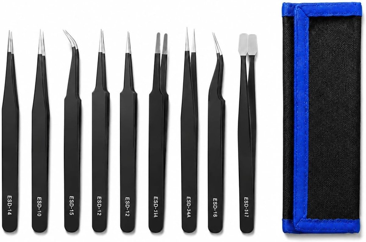 9 stuks antistatische precisietangen en pincetten van roestvrij staal met opbergetui voor elektronica, sieraden en modelbouw