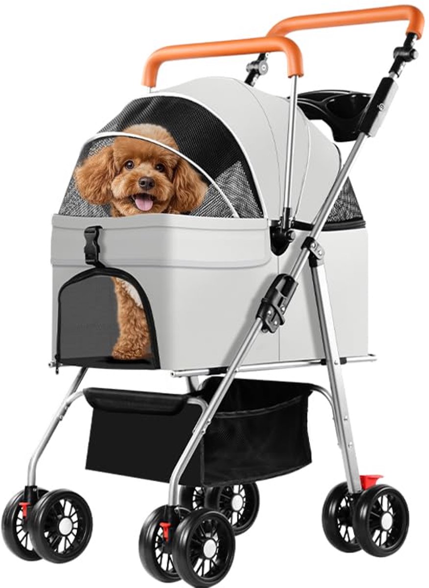 SnelShoppen - Wandelwagen voor kleine honden en katten, opvouwbare kinderwagen voor middelgrote honden, met 360° slijtvaste rubberen wielen, grijze re
